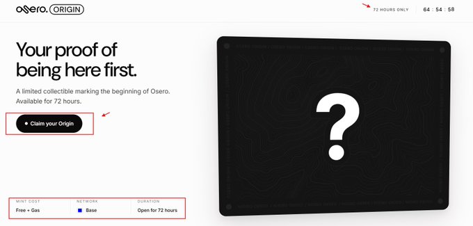 A promotional webpage for Osero Origin displays "Your proof of being here first" with a 72-hour limited offer to claim a free (+gas) mint on the Base network, featuring a mysterious black card with a question mark, highlighting their $13.5M-funded Private Beta launch with limited early access.
