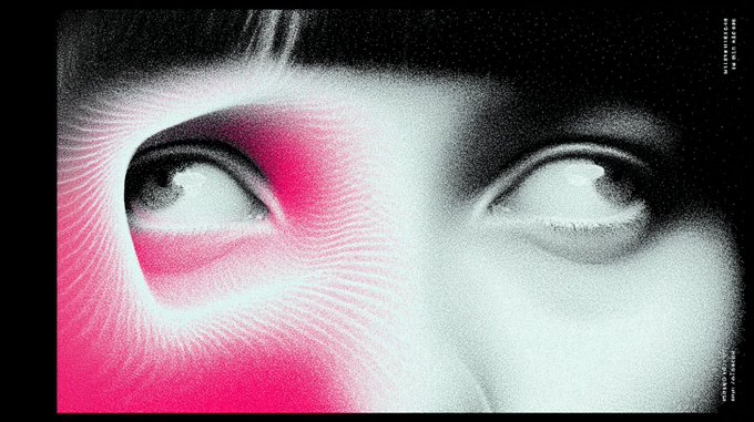 A stylized, close-up artistic photo of a person's eyes with pink and white lighting and scan-line effects.