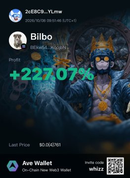 The image is a screenshot from a crypto wallet app showing user "Bilbo" achieved a +227.07% profit on a trade, with the accompanying post expressing the poster's growing addiction to trading memecoins, humorously illustrated by sharing this massive gain as evidence of the habit.