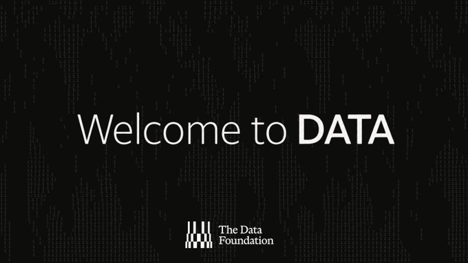 The image displays the text "Welcome to DATA" in white on a dark, code-like background, with "The Data Foundation" logo at the bottom. It serves as an announcement graphic for the rebrand/focus shift mentioned in the post, introducing the platform's new direction toward AI training data.