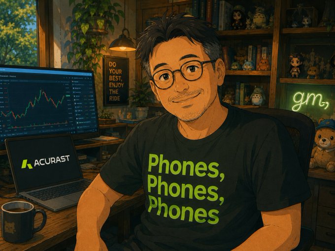 A cartoon-style illustration of a man wearing glasses and a black t-shirt reading "Phones, Phones, Phones" sits at a desk with a laptop displaying the "ACURAST" logo and a monitor showing a stock chart, visually reinforcing the post about Acurast's decentralized DePIN network that leverages idle smartphone resources for distributed computing.