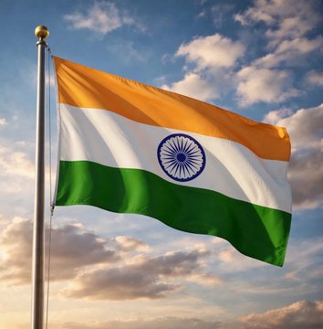 A photograph of the Indian national flag (tricolor of saffron, white with the Ashoka Chakra, and green) waving on a flagpole against a cloudy sky at sunset.