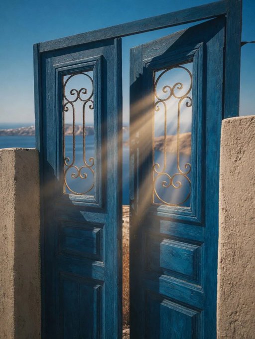 A pair of ornate blue wooden double doors with decorative metal scrollwork, standing open to reveal a scenic view of the sea and distant land under sunlight streaming through the gap.