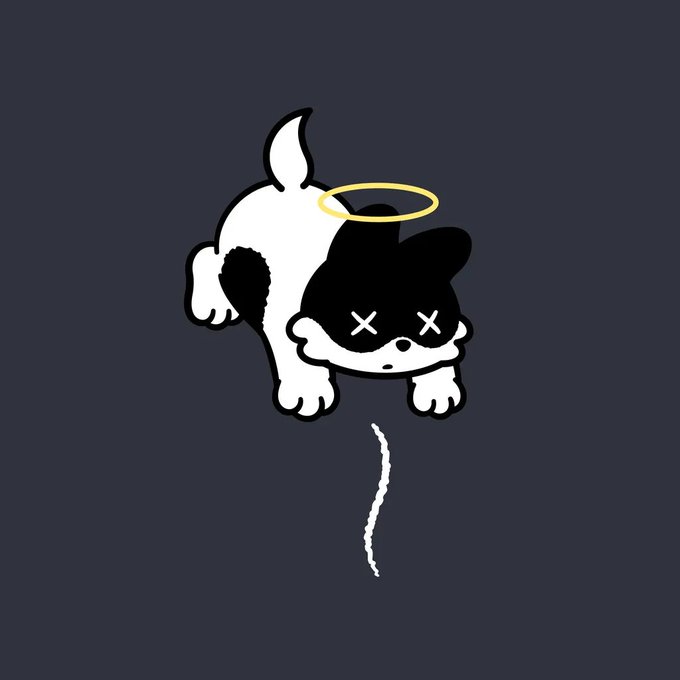 A cartoon black and white cat with X's for eyes, wearing a yellow halo, appears to be urinating in a stylized, minimalist design on a dark gray background.