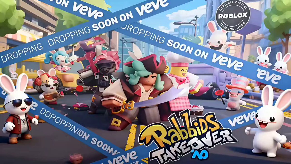The image features a cartoon rabbit character surrounded by other cartoon characters, including a pirate character with a sword. The text "ROBLOX PARTNERSHIP CONFIRMED Woohoo! Shoutout @InformMint & @MasterRoniVVV" is written in the corner of the image. This post seems to be promoting a video game called "Balls kids TAKEOVER".