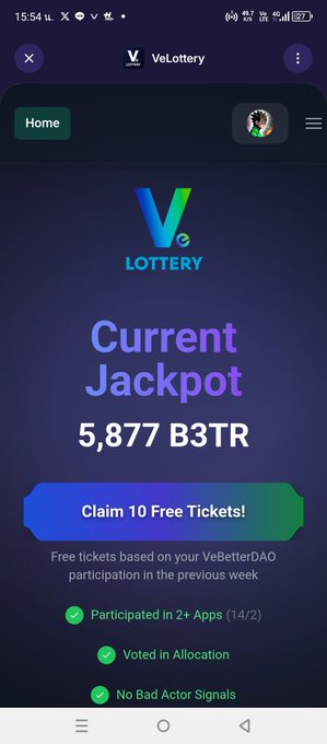 A screenshot of the VeLottery app showing a current jackpot of 5,877 B3TR and a 'Claim 10 Free Tickets!' button based on VeBetterDAO participation.