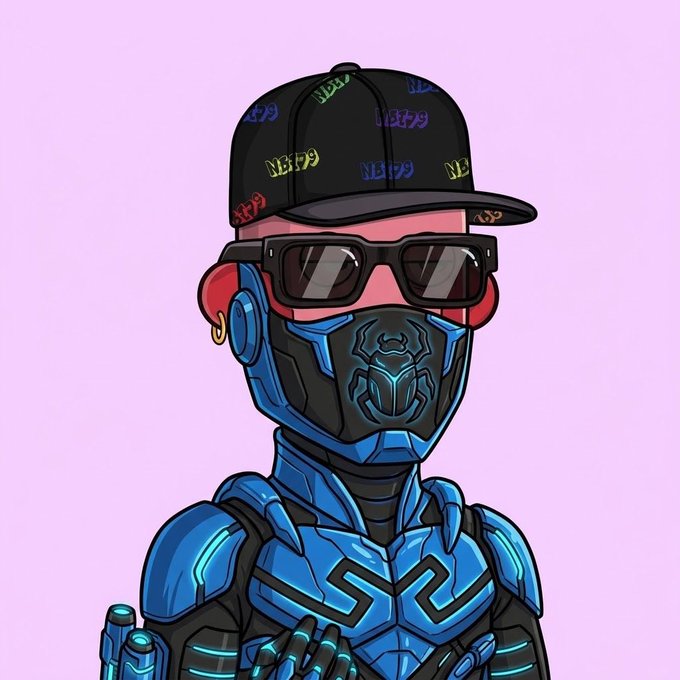 A stylized NFT character wearing blue futuristic armor and a tiger-themed mask pairs with a black cap covered in "NFT" text, visually reinforcing the post's "gm nfts" greeting to the NFT community.