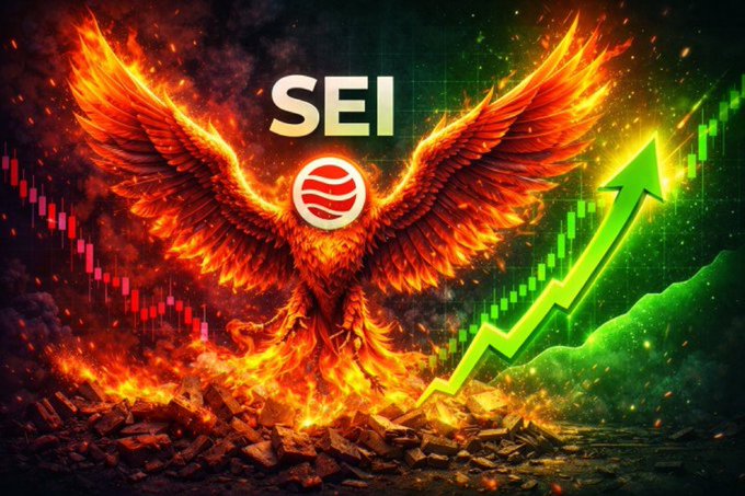 A fiery phoenix rises from flames with its wings spread wide, displaying the "SEI" logo and a rising green arrow alongside a bullish candlestick chart, symbolizing the crypto's triumphant comeback. The image visually reinforces the post's message of vindication, where the author highlights that former critics who predicted SEI's failure to $0.01 have gone silent as the asset continues to climb.
