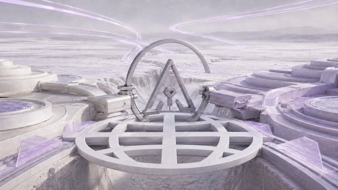 A futuristic, pale landscape features a large circular platform with a grid pattern and a triangular archway, surrounded by purple crystalline structures and light trails in the sky.