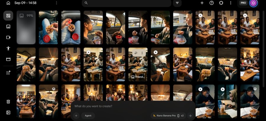 A screenshot of a photo gallery or editing app interface showing thumbnails of people eating and gathering, with text reading 'Sep 09 - 14:58', '99%', 'What do you want to create?', 'Agent', and 'Nano Banana Pro'.