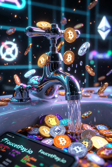A vibrant, neon-lit digital artwork featuring a chrome faucet pouring a stream of water into a sink filled with various physical and digital cryptocurrency coins, with a smartphone displaying "FaucetPay.io" in the foreground.