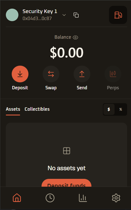 A cryptocurrency wallet app screenshot showing 'Security Key 1' account with address 0x04d3...0c87, a $0.00 balance, and options for Deposit, Swap, Send, and Perps with no assets yet.