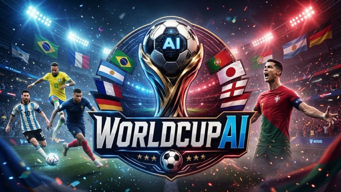 The image features a poster or banner with a soccer ball at its center, surrounded by various flags representing different countries. The text "WorldCupAI @WorldCupAI_SOL" is displayed above the soccer ball, indicating that this is an AI meme related to World Cup AI. The background of the image shows a stadium filled with people and lights, suggesting that it's a promotional event or launch for the World Cup AI.