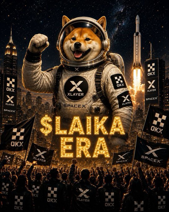 A Shiba‑in‑space astronaut in an XLAYER suit, branded with OKX and SPACEX logos, pumps a fist as a crowd waves $LAIKA ERA and XLAYER flags, visualizing the nascent, community‑driven phase of the Laika meme project. It mirrors the post’s view of the project’s early window, where the story’s cultural hook and ecosystem support are still being tested.
