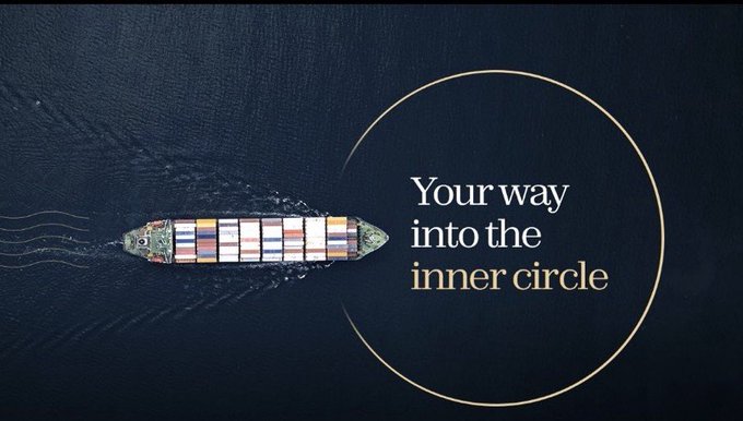 An aerial view of a container ship sailing on dark water next to the text 'Your way into the inner circle' enclosed in a golden circle, suggesting an elite membership program.