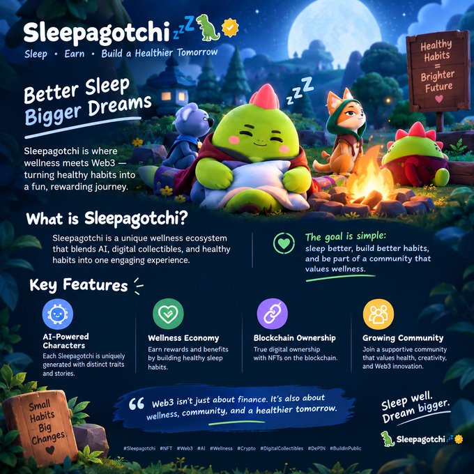 A marketing infographic for 'Sleepagotchi' with the tagline 'Better Sleep, Bigger Dreams', describing it as a wellness ecosystem blending AI, digital collectibles, and healthy habits, featuring cute cartoon characters around a campfire.