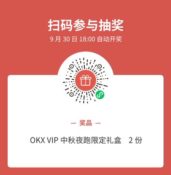 The image displays a Chinese promotional graphic with a red background, featuring the header "扫码参与抽奖" (Scan to participate in the lottery) and a draw date of "9月30日18:00 自动开奖" (Auto draw at 18:00 on September 30th). Centered is a WeChat mini-program QR code with a gift box icon, and below it lists the prize as "OKX VIP 中秋夜跑限定礼盒 2份" (OKX VIP Mid-Autumn Night Run Limited Gift Box, 2 sets), directly corresponding to the post about winning two sets of OKX's Mid-Autumn Festival "Running Towards the Moon" gift boxes via a lottery draw.