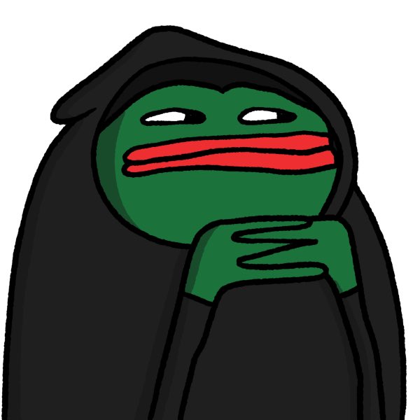 A drawing of a green frog-like Pepe character wearing a black hooded cloak, resting its chin on its hand with a smug expression.