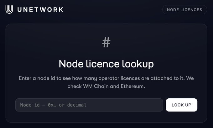 A dark-themed webpage interface titled 'Node licence lookup' from UNETWORK, featuring a text input field labeled 'Node id - 0x... or decimal' and a white 'LOOK UP' button.