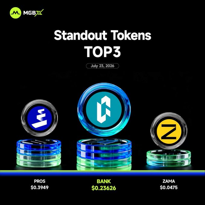 The image, branded with the MGBX logo, displays the "Standout Tokens TOP3" for July 23, 2026, featuring 3D coin graphics for PROS at $0.3949, BANK at $0.23626, and ZAMA at $0.0475, which directly matches the accompanying promotional post highlighting these tokens on the MGBX platform.