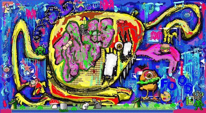 A vibrant, chaotic digital artwork filled with colorful cartoonish creatures, abstract shapes, symbols, and characters against a bright blue background.