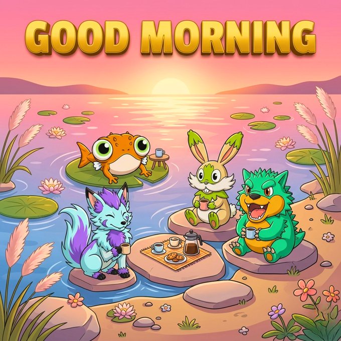 A colorful cartoon illustration with the text 'GOOD MORNING' showing a frog, rabbit, fox, and wolf-like creature enjoying tea on lily pads at a serene pond during sunrise.