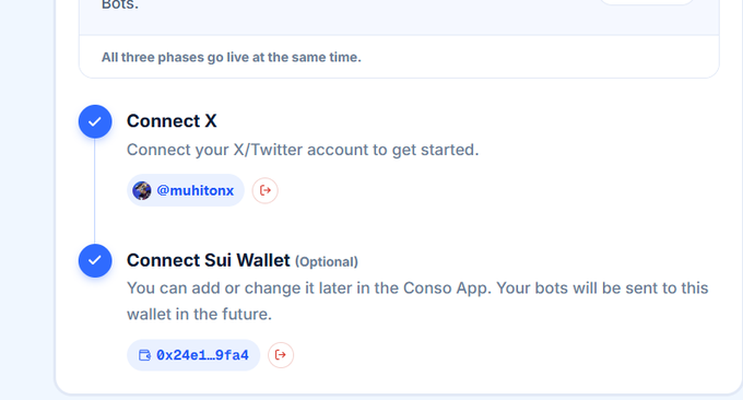 A setup screen shows completed steps for “Connect X” and optional “Connect Sui Wallet,” including the X account “@muhitonx” and wallet address “0x24a1…9fa4.”
