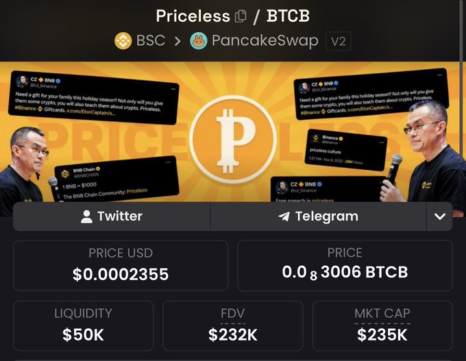 DexScreener page for the 'Priceless / BTCB' token on BSC via PancakeSwap V2, showing a price of $0.0002355 and a market cap of $235K, with CZ/Binance promotional imagery.