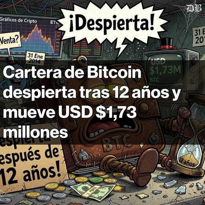 Spanish-language crypto news graphic featuring a cartoon Bitcoin character, reporting 'Cartera de Bitcoin despierta tras 12 años y mueve USD $1,73 millones' with '¡Despierta!' in a speech bubble.