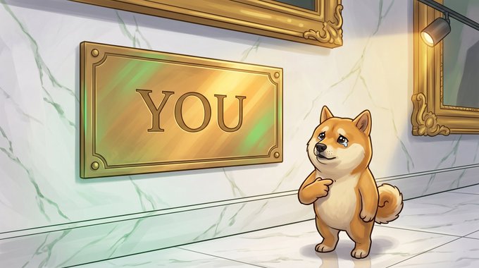 An illustration of a Shiba Inu dog pointing at a golden plaque that reads 'YOU', mounted on a marble wall.