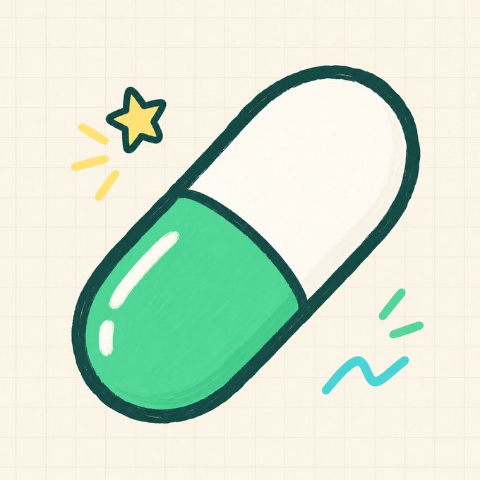 Hand-drawn illustration of a green and white pill/capsule with a yellow star sparkle, set against a cream-colored grid background.