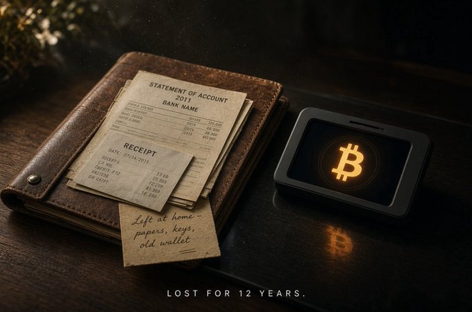 A moody still life depicts a worn leather wallet filled with old bank statements and receipts, sitting next to a smartphone displaying the Bitcoin logo, with handwritten text reading 'Left at home: papers, keys, old wallet' and 'LOST FOR 12 YEARS' at the bottom.