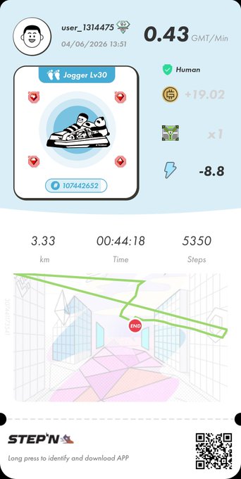 The image shows a screenshot of an app called "Stepn" on a smartphone screen. The app displays information about a person running or walking inside a 3D building depicted as a pink and white floor with purple and white walls. The app also includes details such as user's age, gender, the time spent during the run, and steps taken.