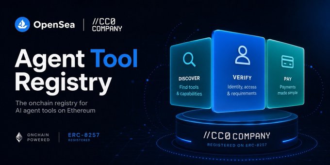 The image features a poster for an Agent Tool Registry with three blue squares stacked atop each other, each containing different types of information about the tool. The text at the bottom of the poster reads "cc0.company is live on the ERC-8257 Agent Tool Registry." This suggests that the tool is available and can be used by agents to discover, pay for, and invoke our first models.
