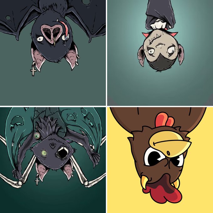 A 2x2 grid of cartoon illustrations showing bats hanging upside down; the top-left and bottom-left images show dark bats with eerie features, the top-right shows a simpler gray bat, and the bottom-right features a brown chicken or rooster head with a red comb and wattle against a yellow background.