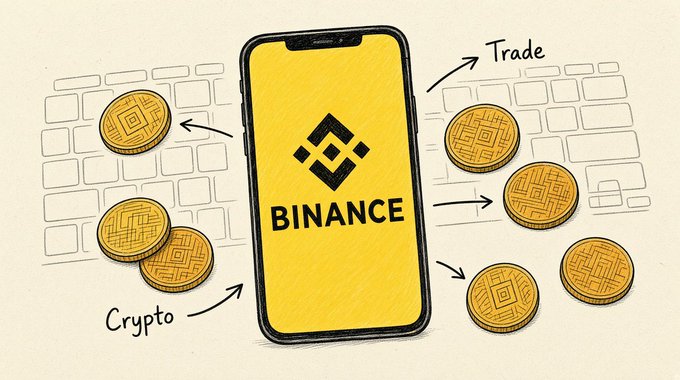 An illustrated graphic showing a smartphone with the Binance logo in yellow, surrounded by Binance coin illustrations with arrows indicating crypto trading.