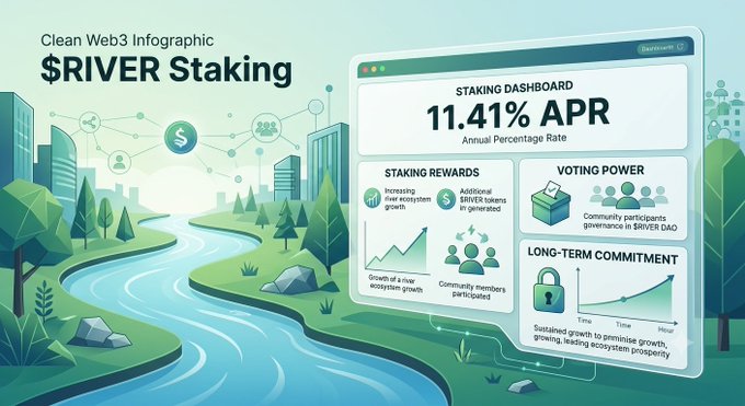 A clean Web3 infographic illustrating the benefits of $RIVER staking, featuring a dashboard displaying "11.41% APR," "Staking Rewards," "Voting Power," and "Long-Term Commitment" sections alongside a stylized river landscape, visually reinforcing the post's message about earning rewards and building governance power through staking.