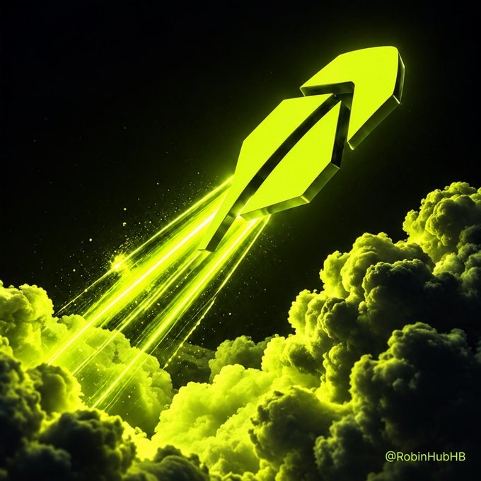 A neon green rocket soars upward through glowing clouds, leaving a vibrant trail of light against a dark sky, symbolizing unstoppable growth. The image reinforces the message "Robinhood only goes up," with the watermark "@RobinHubHB" visible in the bottom corner.