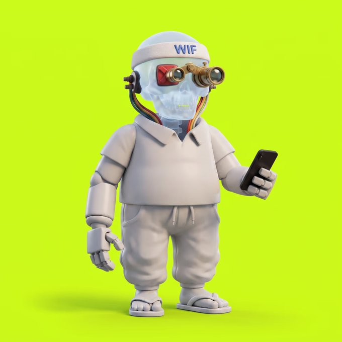 A 3D rendered figure on a lime green background wearing a white beanie with 'WIF' written on it, a face mask, mechanical goggles, and holding a smartphone.