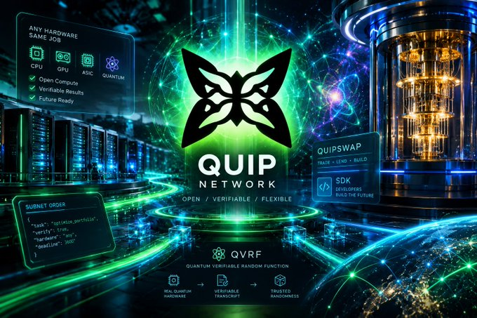 A futuristic digital graphic displays the 'QUIP NETWORK' logo featuring a butterfly emblem, advertising open, verifiable, and flexible hardware services including CPU, GPU, ASIC, and Quantum options with a 'QUIPSWAP' SDK and QVRF Quantum Verifiable Random Function.