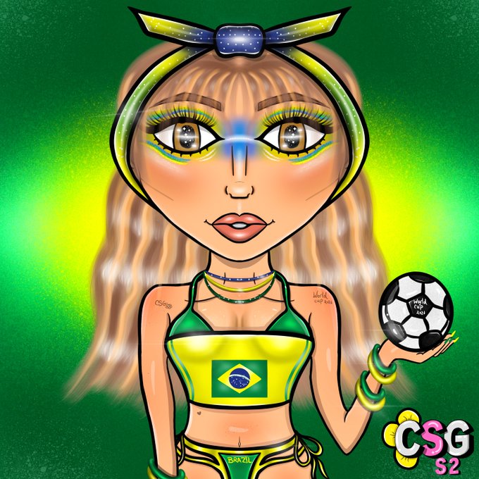 An illustrated blonde woman wearing a yellow and green Brazil-themed outfit with a headband, holding a soccer ball, with 'CSG S2' text in the corner.
