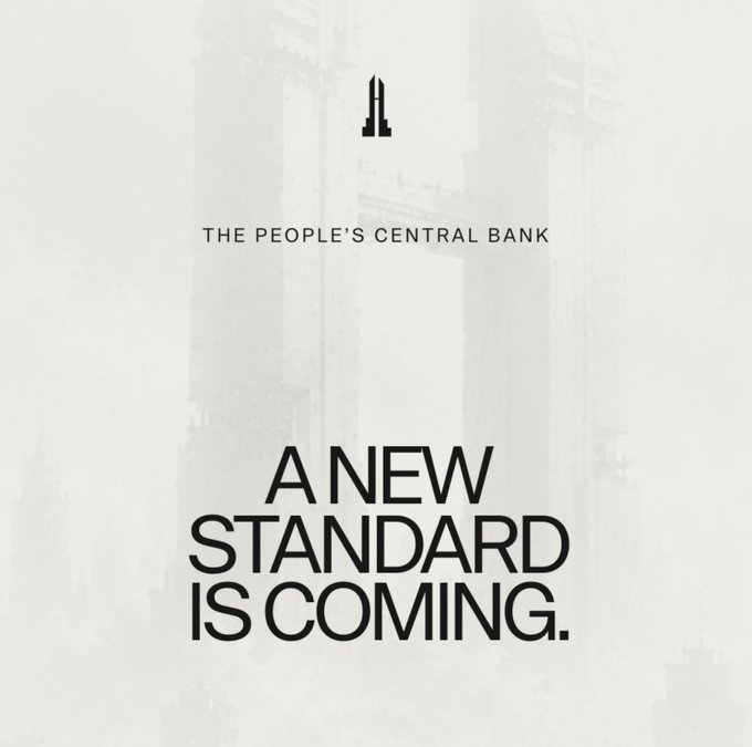 A promotional graphic displays 'THE PEOPLE'S CENTRAL BANK' logo and the text 'A NEW STANDARD IS COMING.' over a faded grayscale background of skyscrapers.