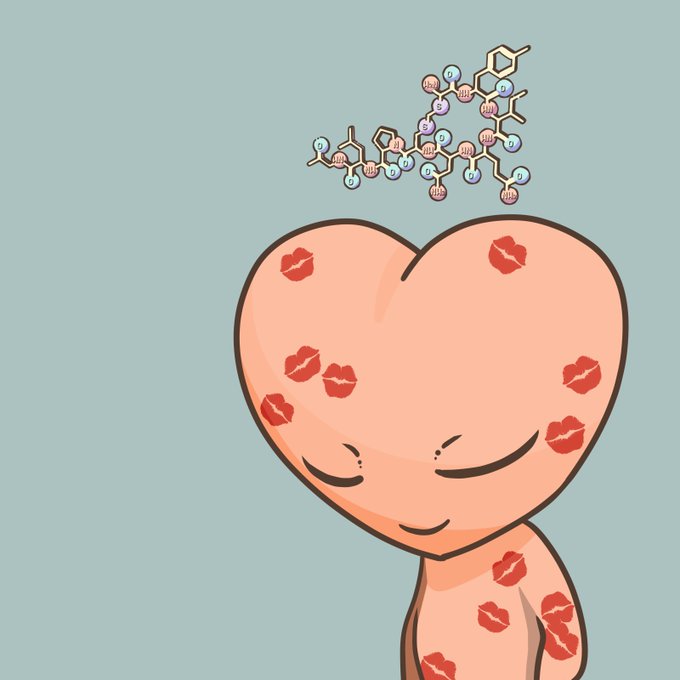 An illustration of a pink heart-shaped character covered in red lipstick marks with closed eyes, and a molecular structure diagram floating above.