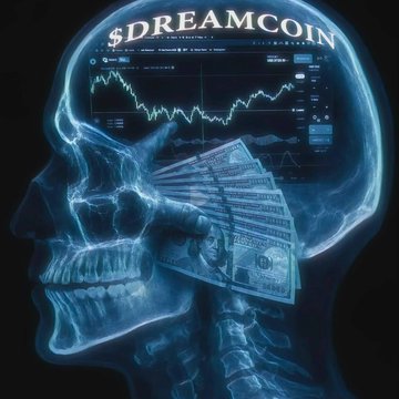 The image shows an X-ray of a human skull with the word "$DREAMCOIN" displayed across the forehead alongside a stock chart showing a downward trend, with US dollar bills fanning out from the eye socket area. This visual metaphor of money draining from a skull complements the post's discussion about the $DREAMCOIN token and its suspicious market behavior, suggesting investors may lose their funds.