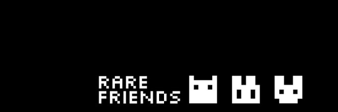 A minimalist pixel art logo on a black background featuring the text 'RARE FRIENDS' next to three white cat-shaped icons.