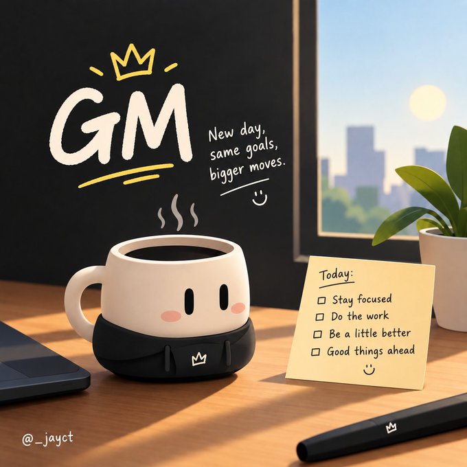A cozy desk scene featuring a cute anthropomorphic coffee mug with a face on a black background that reads 'GM - New day, same goals, bigger moves', alongside a yellow sticky note checklist with items like 'Stay focused' and 'Do the work', credited to @_jayct.