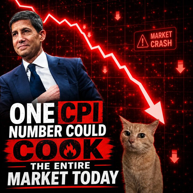 Financial thumbnail featuring a man in a suit and a cat, with red downward arrows, a 'MARKET CRASH' warning, and text 'ONE CPI NUMBER COULD COOK THE ENTIRE MARKET TODAY'.