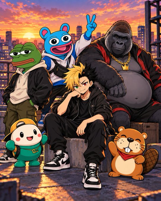An anime-style illustration featuring a group of characters including a frog-like creature, a blue bear mascot, a gorilla with a gold chain, a blonde-haired boy, and a beaver mascot, posed together against a city sunset backdrop.