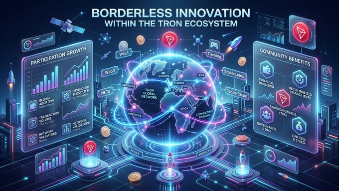 A futuristic digital infographic titled "BORDERLESS INNOVATION WITHIN THE TRON ECOSYSTEM" features a glowing central globe highlighting regions like Europe, Asia, Africa, and the Americas, surrounded by data panels showing "PARTICIPATION GROWTH," "COMMUNITY BENEFITS," and TRON branding, visually reinforcing how the TRON global network connects developers and communities worldwide through decentralized, cross-border blockchain innovation.