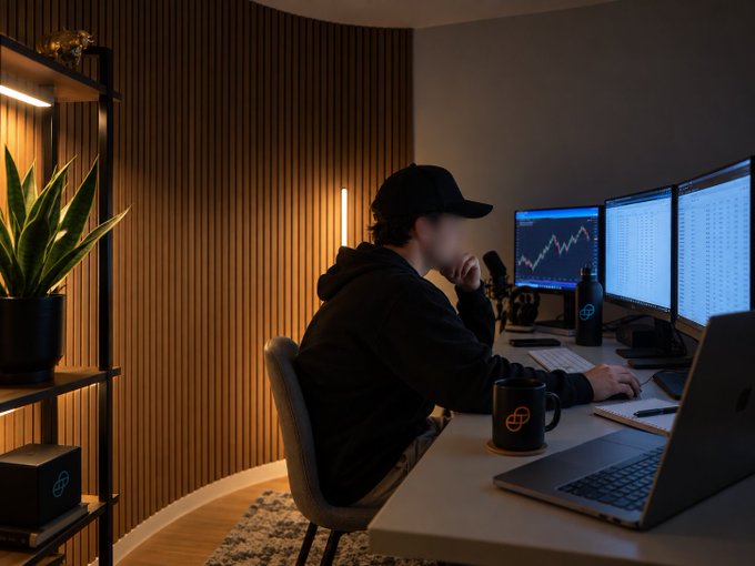 A young man in a black cap and hoodie sits at a curved monitor setup displaying trading charts and spreadsheets, with a water bottle and mug on the desk in a warmly lit, wood-paneled room. The scene captures the focused, late-night grind vibe of a 21-year-old intern balancing data-driven work with ambitions to network with fellow crypto "degens" on Discord and land a profitable combo this weekend.